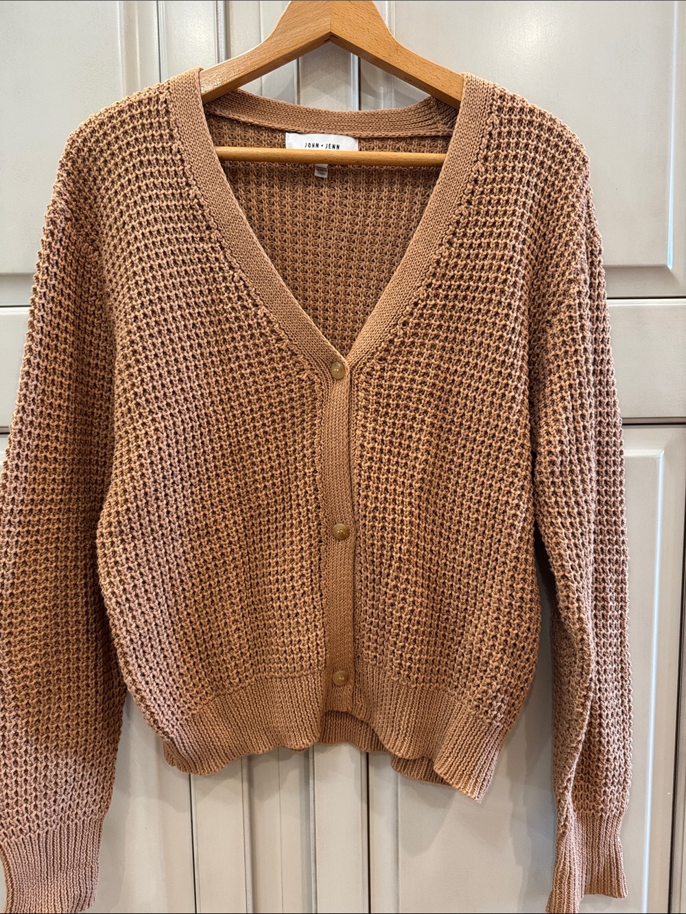 John + Jenn Waffle-Knit V-Neck Cardigan in Camel